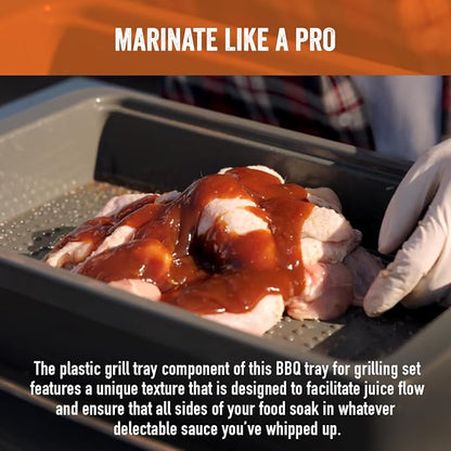 5-Piece BBQ Prep and Serve Set with Marinade Tray | Stainless serving tray, aluminum defrost board, cutting board, snap-on lid, marinade tray.