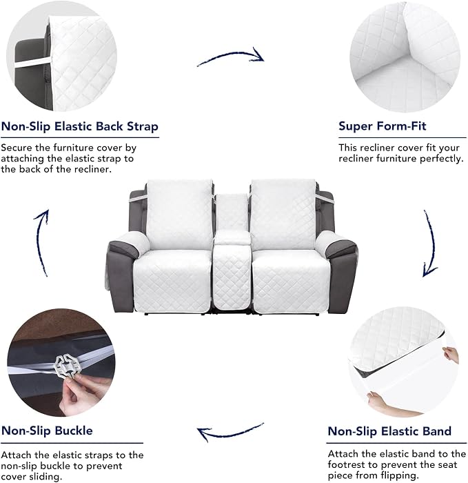 PureFit Water Resistant Reversible Loveseat Recliner Cover for Double | Double with Console, Non Slip Split Sofa Cover, Washable Reclining Cover, White/White
