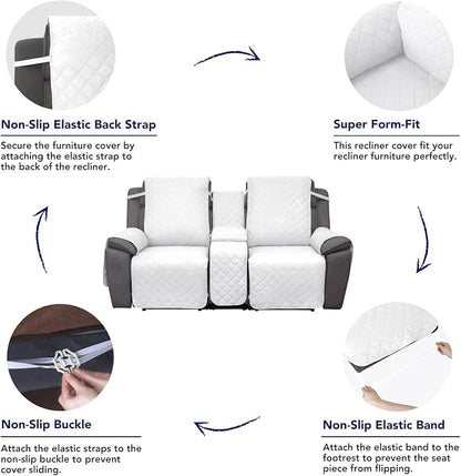 PureFit Water Resistant Reversible Loveseat Recliner Cover for Double | Double with Console, Non Slip Split Sofa Cover, Washable Reclining Cover, White/White