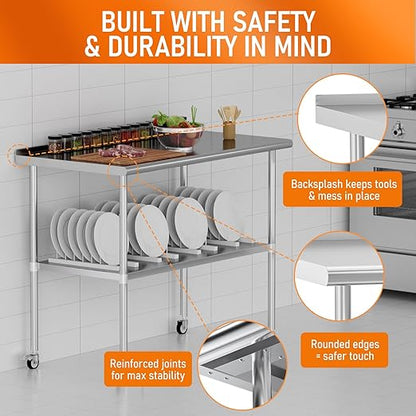 Stainless Steel Prep Table 30" X 48" with Adjustable Undershelf, Backsplash and Wheels, Commercial Metal Workstations for Kitchen, Garage, Outdoor BBQ