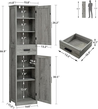 TEENFON Tall Bathroom Cabinet, Storage Cabinet with 6 Shelves & Drawer, Bathroom Storage Cabinet with Adjustable Shelves, Tall Cabinet for Living Room, Home Office, Grey