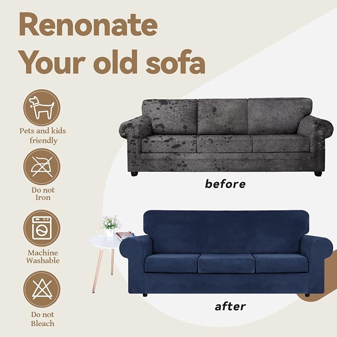 WEERRW 4 Pieces Couch Cover for Sofa Velvet Sofa Covers Washable, Navy Blue | Sofa Covers for 3 Cushion Couch Furniture Protector Sofa Slipcovers with Non Slip Elastic Bottom, Pet Friendly, Large