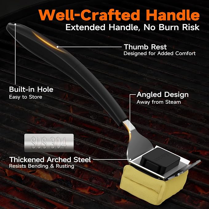Bristle-Free Grill Brush with Heat-Resistant Kevlar Fiber Head, Black | Steam Cleaning, Replaceable No-Wire Head, 17" Handle, 4-in-1 Scraper, for Porcelain/Ceramic/Stainless Steel/Cast Iron Grate