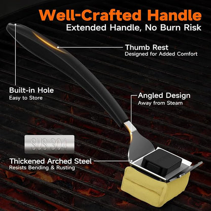 Bristle-Free Grill Brush with Heat-Resistant Kevlar Fiber Head, Black | Steam Cleaning, Replaceable No-Wire Head, 17" Handle, 4-in-1 Scraper, for Porcelain/Ceramic/Stainless Steel/Cast Iron Grate