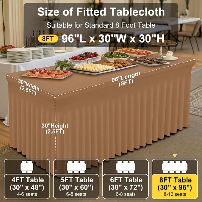 Smiry 2 Pack Spandex Elastic Fitted Table Cloth Skirt for 8FT Table | Stretch Washable Table Cloth, Banquet Table Cover for Wedding, Party, Indoor & Trade Shows, (Khaki, 96Lx30Wx30H)