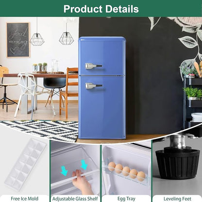 Retro Mini Fridge with Freezer 4.0 Cu. Ft, Small Refrigerator with 7 Level Adjustable Thermostat, Compact Classic Dual Door Fridge Removable Glass Shelves for Apartments, Dorm, Office, Blue