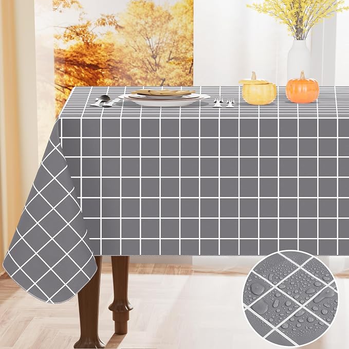 Rectangle Table Cloth, Wipeable Plastic Plaid Tablecloths, Waterproof Vinyl Table Cover with Flannel Backing for Dining, Picnic, Indoor and Outdoor (60" x 84", Grey)