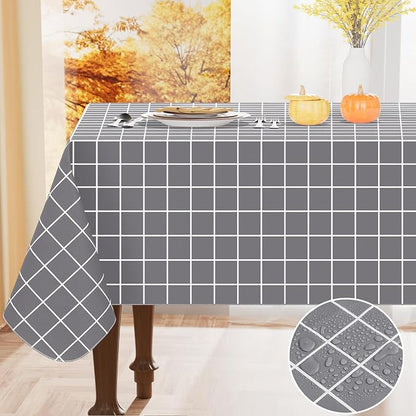 Rectangle Table Cloth, Wipeable Plastic Plaid Tablecloths, Waterproof Vinyl Table Cover with Flannel Backing for Dining, Picnic, Indoor and Outdoor (60" x 84", Grey)