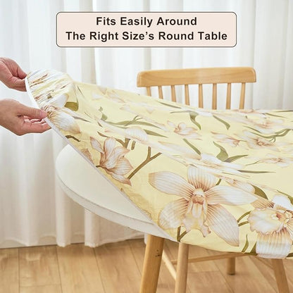 LIBERECOO Round Vinyl Fitted Tablecloth with Flannel Backing Elastic Edge Table Cover Waterproof Stain-Resistant Wipeable Tablecloths Fits 45-56 Inch Round Tables