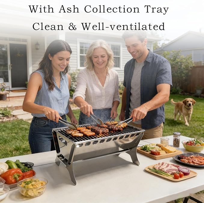 Portable Charcoal Grill, Stainless Steel BBQ Grill – 9x10x17 inch Folding Firepit Grill for Camping, Backyard, Picnic & Outdoor Cooking