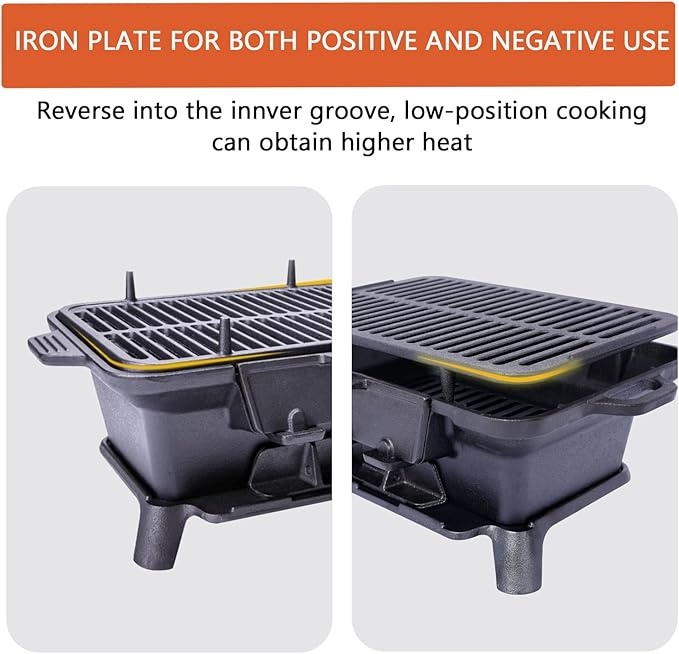 Cast Iron Hibachi Grill, Portable Charcoal Hibachi Grills with Double-Sided Grill Grate, 100% Cast Iron, Compact Camping Charcoal Cooker for Tailgating, Picnics & Hunting (Rectangle)