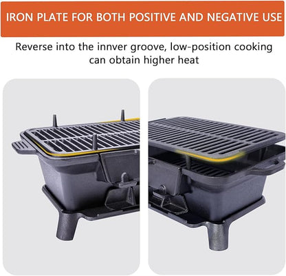 Cast Iron Hibachi Grill, Portable Charcoal Hibachi Grills with Double-Sided Grill Grate, 100% Cast Iron, Compact Camping Charcoal Cooker for Tailgating, Picnics & Hunting (Rectangle)