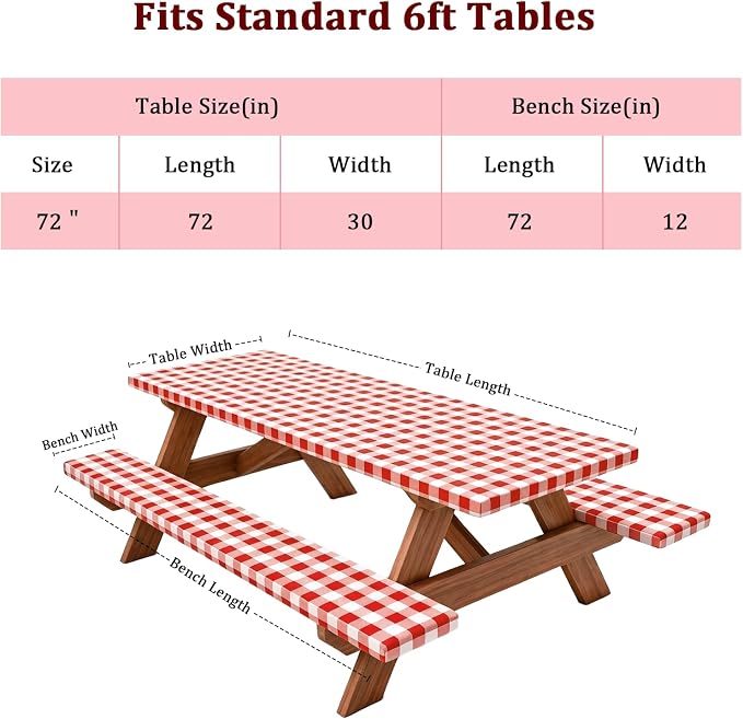 Poise3EHome Picnic Table Cover with Bench Covers, 6 Foot Fitted Elastic Tablecloth Set, Heavy Duty Polyester with TPU Waterproof Backing, Washable Outdoor Picnic Set for Camping, RV & Park(Red&White)