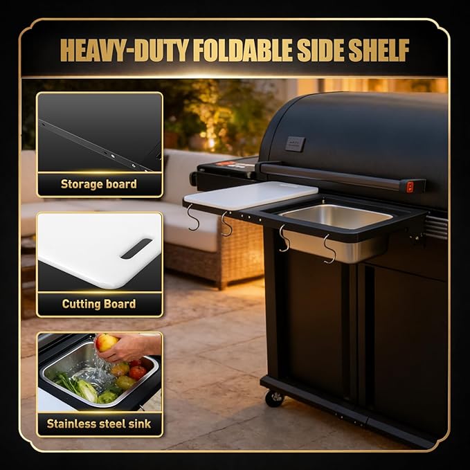 QuliMetal Foldable Front Shelf for Traeger WOODRIDGE PRO, 27.93" Grill Prep Table with Cutting Board, Stainless Steel Basin and Lid, BBQ Front Shelf Accessory