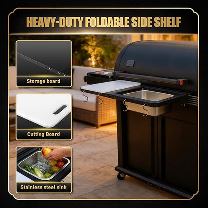 QuliMetal Foldable Front Shelf for Traeger WOODRIDGE PRO, 27.93" Grill Prep Table with Cutting Board, Stainless Steel Basin and Lid, BBQ Front Shelf Accessory