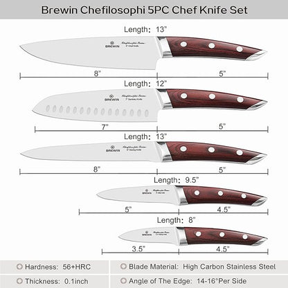 Brewin CHEFILOSOPHI Japanese Chef Knife Set 5 PCS with Elegant Red Pakkawood Handle Ergonomic Design,Professional Ultra Sharp Kitchen Knives for Cooking High Carbon Stainless Steel