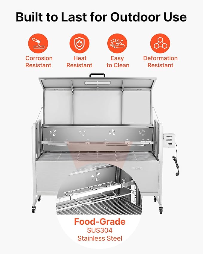 VEVOR Rotisserie Grill, 52in BBQ Outdoor Pig & Lamb Spit Roaster, Charcoal Spit Roaster with 132 LBS Capacity, Wheels, 4-Level Height, Stainless Steel Electric Rotisserie Grill Kit for Camping Outdoor