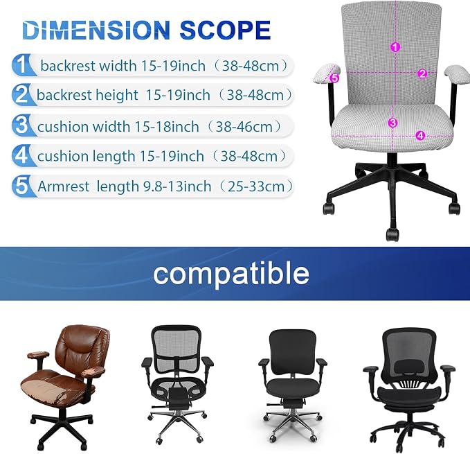 Tallew 4 Pcs Office Chair Covers Stretchable Armrest Seat,XL,Silver Gray | Universal Fit Office Desk Chairs, Protective Seat Backrest Slipcovers, Stretchable Prevent Wear, Easy Install for Rotating