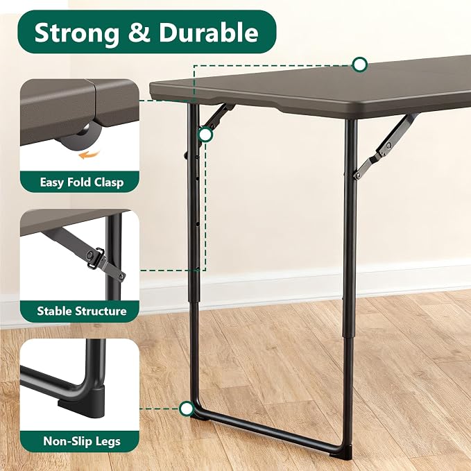 2 Pack Folding Table, 4FT Foldable Picnic Table with Adjustable Height, Heavy Duty Fold-in-Half Portable Table for Weddings, Camping, RV Travel, Parties, BBQs, Easy to Fold and Store, Khaki