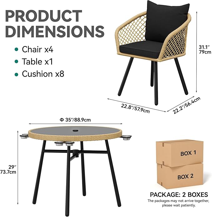 YITAHOME Outdoor Dining Set with Umbralle Hole, 5pcs All-Weather Rattan Patio Dining Set for 4 with Cup Holders Soft Cushions and Glass Top Dining Table for Patio Backyard Garden Bacony