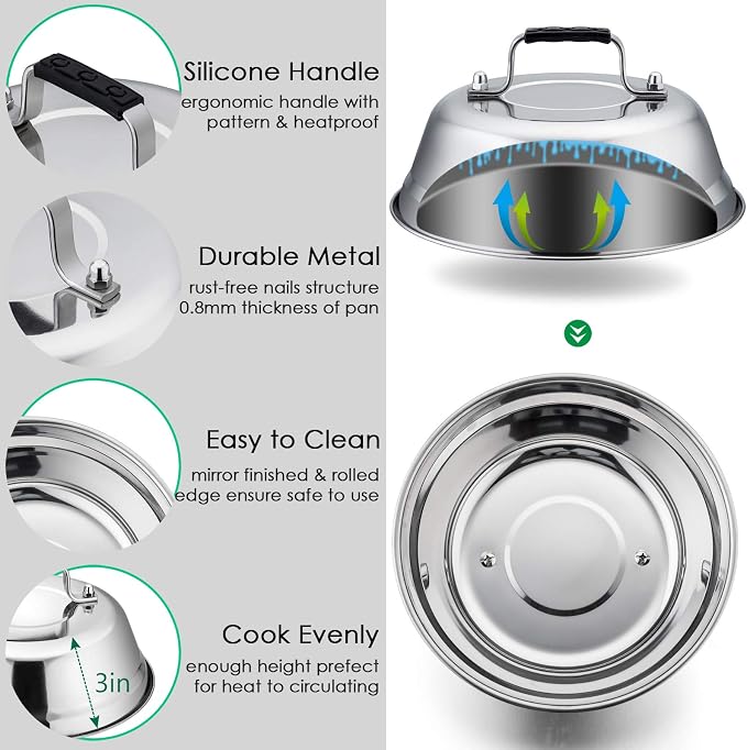 Cheese Melting Dome, HaSteeL 12In & 9In Heavy Duty Round Basting Steam Cover, Stainless Steel Griddle Grill Accessories for Flat Top BBQ Kitchen Cooking Indoor & Outdoor, Dishwasher Safe - (2Packs)