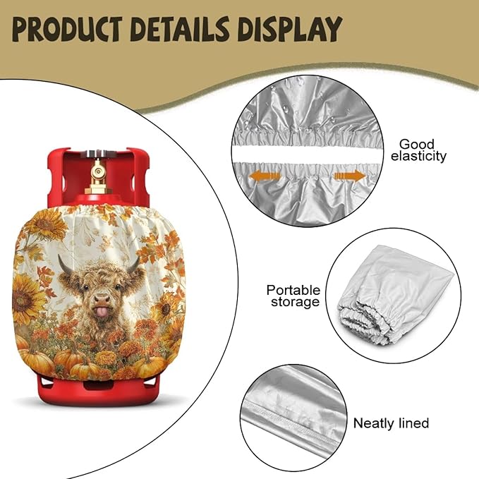 Fall Propane Tank Cover 20lb Highland Cow Gas Tank Cylinder Cover for Outdoor Easy to Install RV Gas Cylinder Storage Pocket for Yard Party RV Travel Trailer