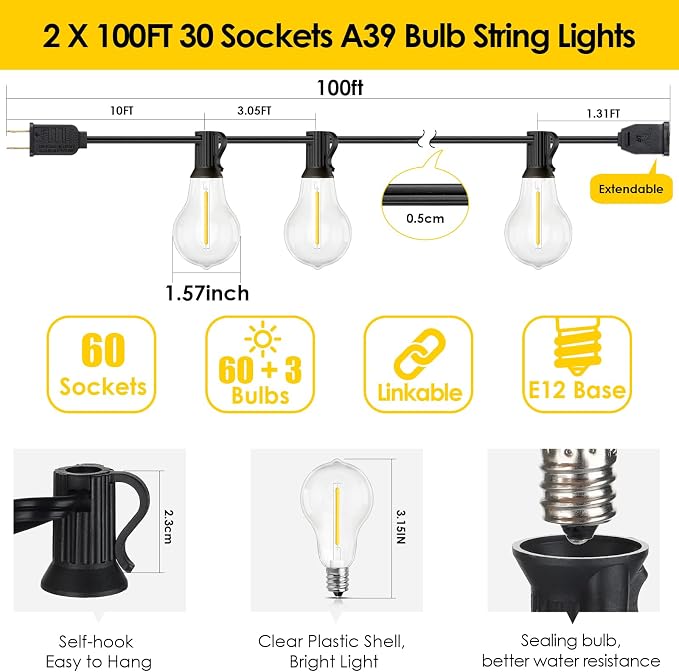 Larkvue 200FT(2x100FT) Outdoor String Lights, LED Patio Lights with 63 Waterproof Shatterproof A39 Dimmable Bulbs(3 Spare) for Balcony-2 Pack Black