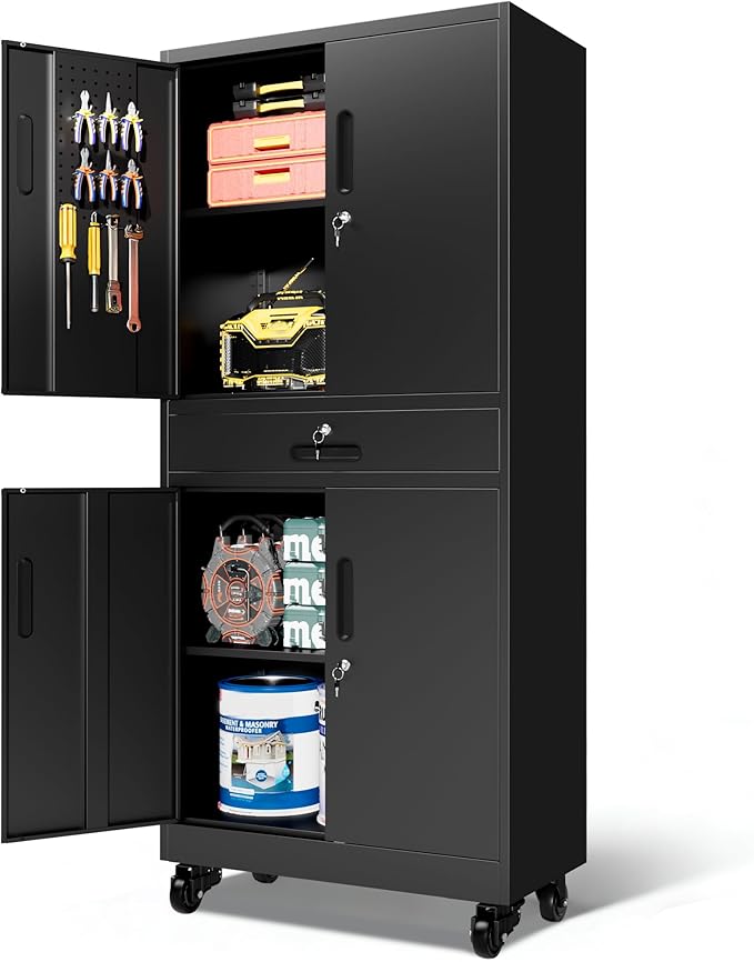 Metal Garage Storage Cabinet with Drawer and Pegboard Doors, 71'' Tall Storage Cabinet with Adjustable Shelves and Lock, Rolling Tool Cabinet on Wheels for Garage, Utility Room (Black)