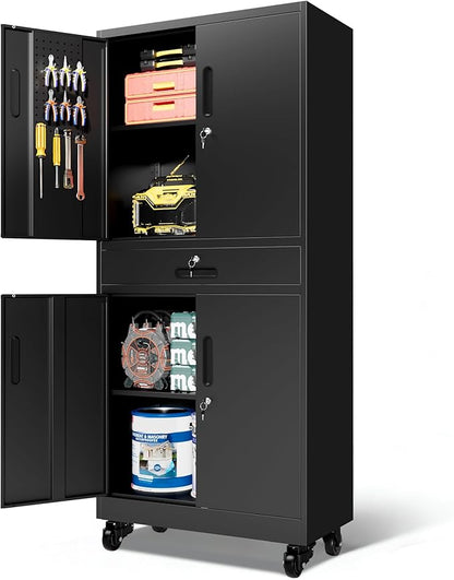 Metal Garage Storage Cabinet with Drawer and Pegboard Doors, 71'' Tall Storage Cabinet with Adjustable Shelves and Lock, Rolling Tool Cabinet on Wheels for Garage, Utility Room (Black)