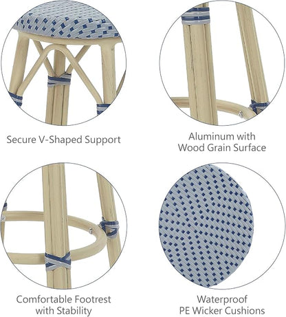 Seadrift Boho 30-inch Aluminum and All-Weather Wicker Barstools with Footrest, Patio Stools & Bar Chairs for Outdoor, Kitchen Counter, Poolside, Yard, Set of 2, Gray and Navy Blue