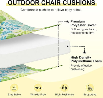 downluxe Outdoor Chair Cushions Set of 4 for Patio Furniture, Water-Resistant Square Patio Chair Cushions with Ties, High Density Foam Outdoor Seat Cushion, 18.5" X 16" X 3", Tropical Green Leaves