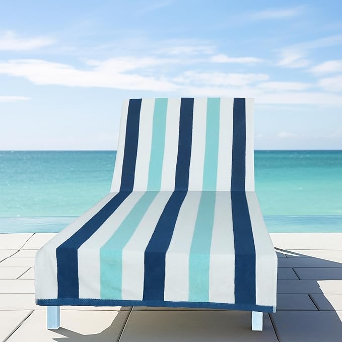 COTTON CRAFT Pool Lounge Chair Cover - 2 Pack Cabana Stripe Chaise Lounge Chair Cover - Soft 100% Cotton Dobby Terry Towel Beach Chair Cover - Oversized 32 W x 82 Length x 7 inch Pocket – Ocean Blue
