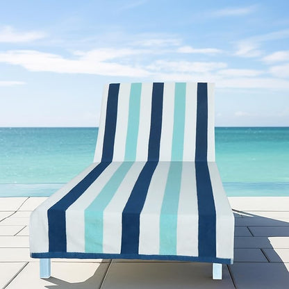 COTTON CRAFT Pool Lounge Chair Cover - 2 Pack Cabana Stripe Chaise Lounge Chair Cover - Soft 100% Cotton Dobby Terry Towel Beach Chair Cover - Oversized 32 W x 82 Length x 7 inch Pocket – Ocean Blue