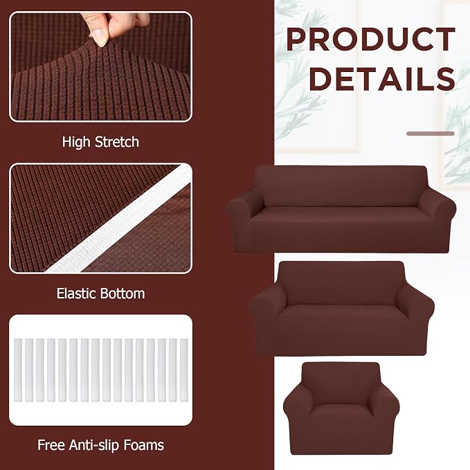 Peryiter 3 Pcs Couch and Loveseat Sofa Covers,Brown,Fleece | Armchair Covers for Living Room, Sofa Cushion Slipcover, Furniture Protector, Polyester and Spandex, Washable