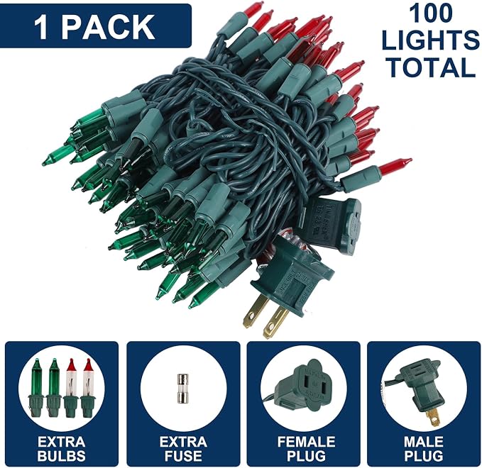 Red&Green Christmas String Lights, 100 Count Incandescent Mini Lights | Connectable Xmas Tree Light for Indoor Outdoor Garland Birthday Holiday Wedding Festival Party