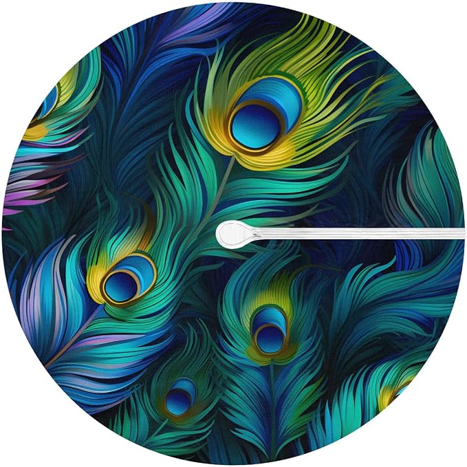 Fitted Round Tablecloth with Umbrella Hole and Zipper Peacock Outdoor Elastic Table Cloth 36"-44" Oil-Proof Waterproof Peacock Feather Patio Table Cover for Picnic Party
