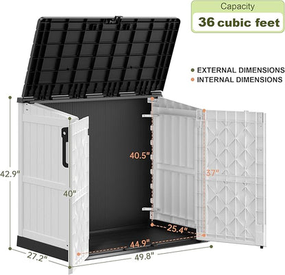 Plastic Outdoor Storage Shed, 36 Cu Ft Waterproof Outdoor Storage Cabinet with Dual Lock Door for Backyard, Patio, Garage, Garden to Store Tools & Accessories, Wood-Grain（Ashen