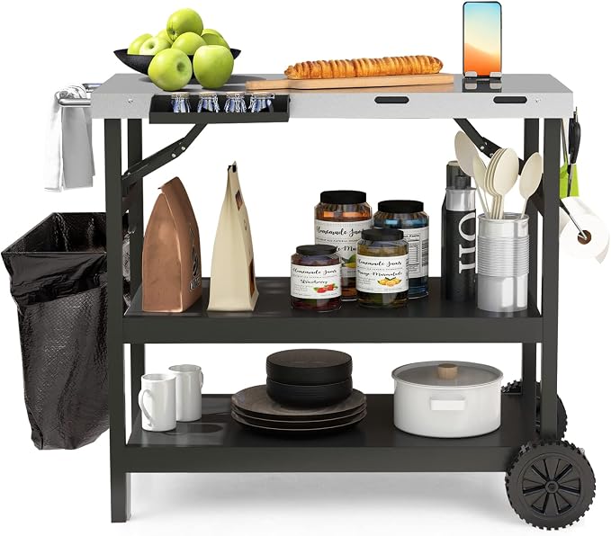 GOFLAME 3-Shelf Outdoor Grill Dining Cart, Movable Food Prep Cart Table with Adjustable Shelf, Stainless Steel Table Top, Kitchen Cart Island Table on 2 Wheels, Heavy Duty BBQ Flattop Worktable