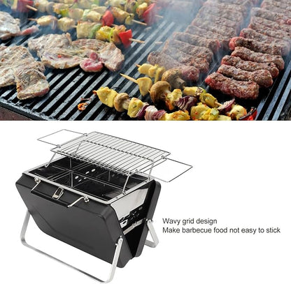 Portable Charcoal BBQ Grill, Folding Notebook Grill for Camping, Outdoor Cooking Backyard Picnic, High Temperature Stainless Steel with Wavy Non Stick Design, Rust Proof (Black)