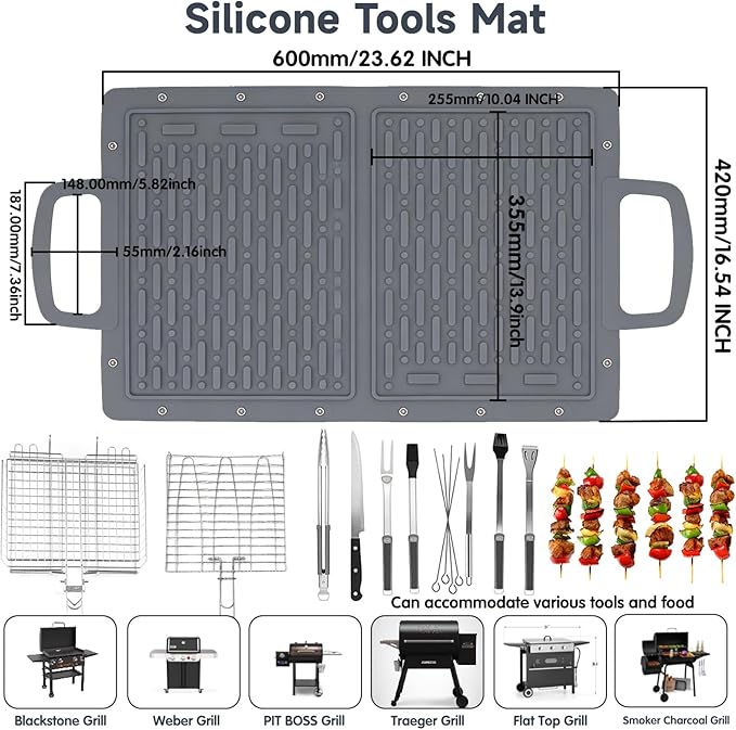 LIONROGE Large Silicone Grill Mat, Foldable Silicone Griddle Tools Spatula Mat with Drip Pad & Handle & Snap Buttons, Portable BBQ Side Shelf Mats Grill Pad for Blackstone Griddles Accessories,Gray