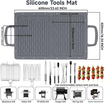 LIONROGE Large Silicone Grill Mat, Foldable Silicone Griddle Tools Spatula Mat with Drip Pad & Handle & Snap Buttons, Portable BBQ Side Shelf Mats Grill Pad for Blackstone Griddles Accessories,Gray