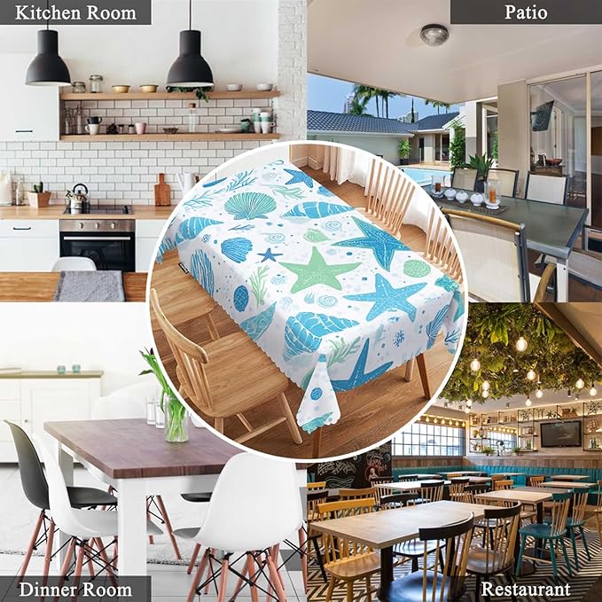 Swono Seashells Blue Rectangular Tablecloth Summer Ocean Shellfish Starfish Washable Table Cloth Kitchen Dining Room Table Cover for Party Dinner 50x72 Inch Tablecloths