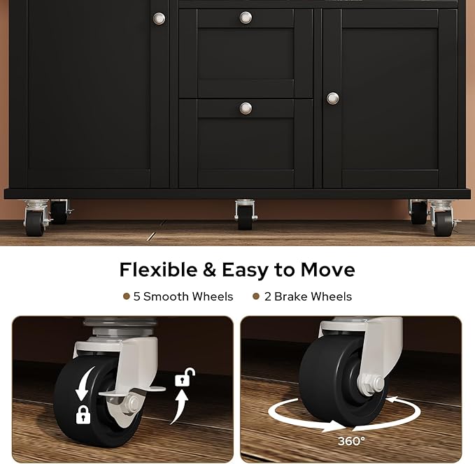 Rolling Kitchen Island with Storage Cabinet, 41.3'' Width Kitchen Cart with Desktop Drop Leaf Countertop, Portable Mobile Island with Towel Rack, Spice Rack Shelf and Lockable Wheels, Black