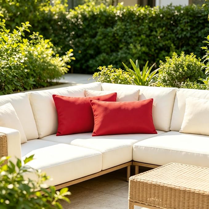 Outdoor Throw Pillows with Inserts, Waterproof Pillows for Outdoor Seating, Square Decorative Garden Cushion for Patio Furniture, Bed, Couch, Sofa (Red, 12" x 20" (Pack of 2))