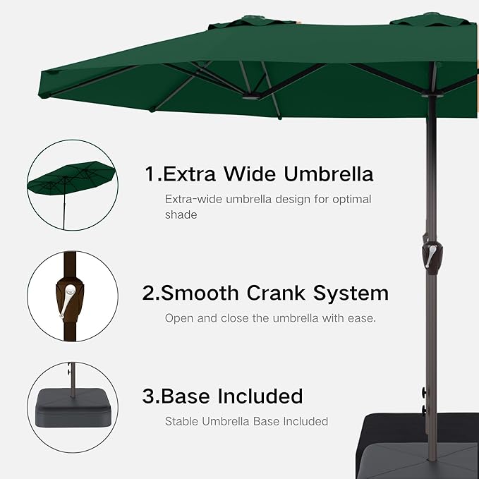 Kingdura 13ft Large Patio Umbrella with Base Included, Double-Sided Rectangle Outdoor Table Umbrella with 12 Reinforced Ribs, Crank Lift for Market Pool Deck Backyard, Dark green