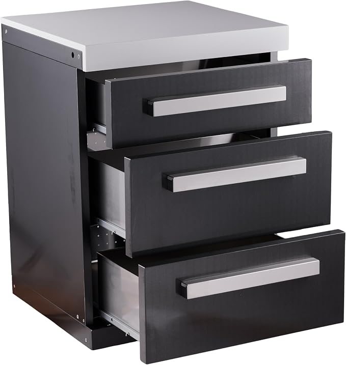 Mont Alpi 3-Drawer Right Cabinet Module - Black Stainless Steel | Soft-Close Slides | White Granite Top | Fits MAi805 & MAi400 | 25" W