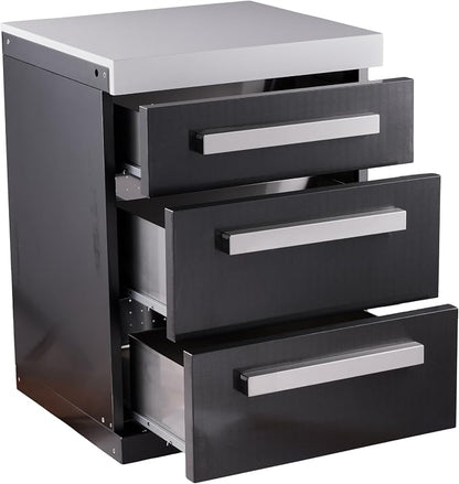 Mont Alpi 3-Drawer Right Cabinet Module - Black Stainless Steel | Soft-Close Slides | White Granite Top | Fits MAi805 & MAi400 | 25" W