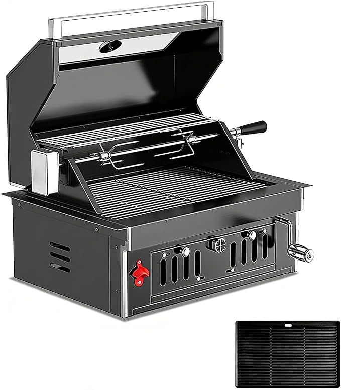 Built In Charcoal Grill, Stainless Steel Charcoal BBQ Grills with Liftable Tray, Visible Insulated Hood & Temp Gauge, 459SQ In Cooking Grid Area for Outdoor Kitchen Cooking Family Parties (Black kit)