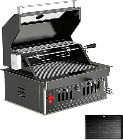 Built In Charcoal Grill, Stainless Steel Charcoal BBQ Grills with Liftable Tray, Visible Insulated Hood & Temp Gauge, 459SQ In Cooking Grid Area for Outdoor Kitchen Cooking Family Parties (Black kit)