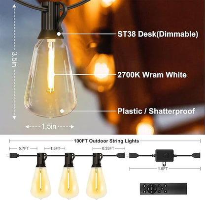 Outdoor String Lights 100FT with 64 Bulbs 1.5FT Spacing, 120W Dimmer,Remote | 120W Dimmer, Remote, Dimmable, Cable Ties, 1.5FT Spacing, End-to-End Connectable, Waterproof for Patio Outside Backyard